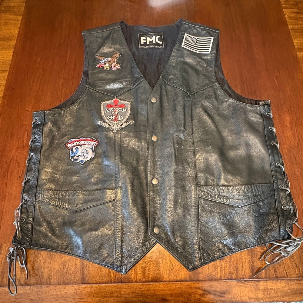 FMC Leather Motorcycle Vest Black Biker Vest Patches Lace Side Snap‎ Front